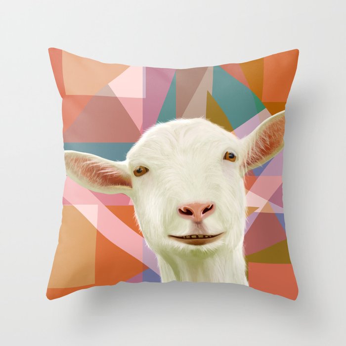 White Goat Colorful Geometric Farm Animal Throw Pillow