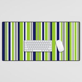 Lime Green Bright Navy Blue Gray and White Vertical Stripes Pattern Desk Mat