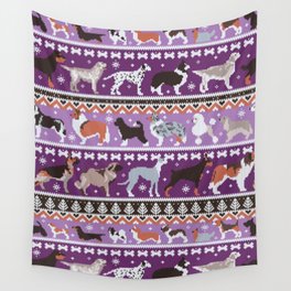 Fluffy and bright fair isle knitting doggie friends // seance purple and east side violet background brown orange white and grey dog breeds  Wall Tapestry