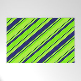 [ Thumbnail: Green, Light Green & Midnight Blue Colored Striped/Lined Pattern Welcome Mat ]
