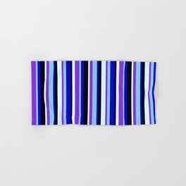 [ Thumbnail: Vibrant Light Cyan, Purple, Sky Blue, Blue & Black Colored Stripes/Lines Pattern Hand & Bath Towel ]