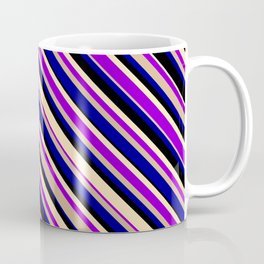 [ Thumbnail: Eyecatching Beige, Dark Violet, Tan, Dark Blue & Black Colored Stripes/Lines Pattern Coffee Mug ]