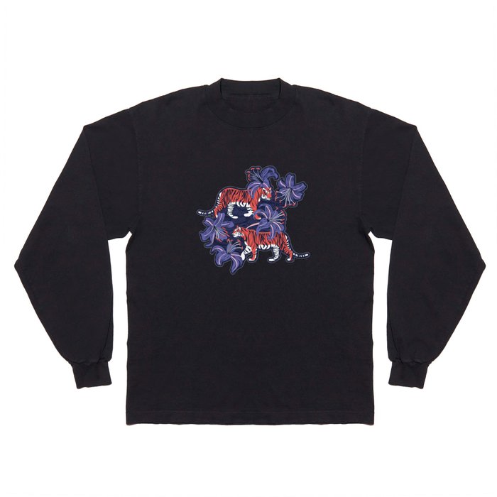 Tigers in a tiger lily garden // textured navy blue background coral wild animals very peri flowers Long Sleeve T Shirt