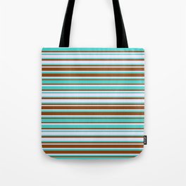 [ Thumbnail: Lavender, Turquoise, and Brown Colored Lines Pattern Tote Bag ]