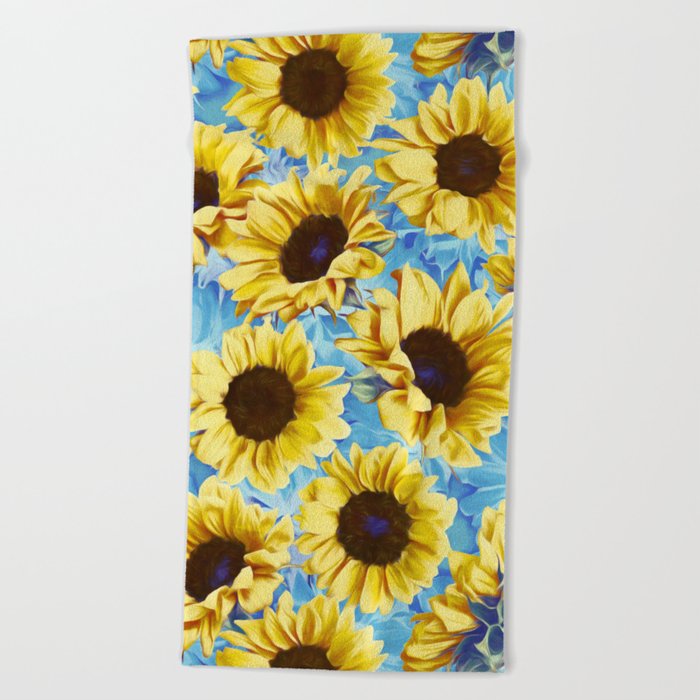 Dreamy Sunflowers on Blue Beach Towel