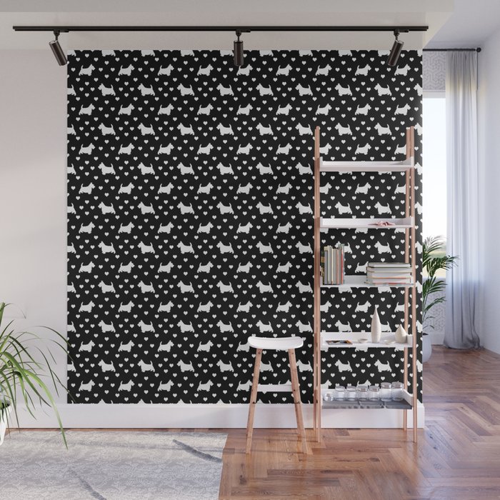 Cute White Scottish Terriers (Scottie Dogs) & Hearts on Black Background Wall Mural
