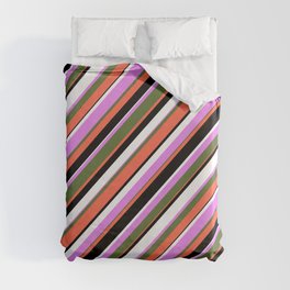 [ Thumbnail: Eyecatching Violet, Dark Olive Green, Red, Black, and White Colored Striped Pattern Duvet Cover ]