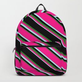 [ Thumbnail: Black, Forest Green, Deep Pink & Turquoise Colored Lined Pattern Backpack ]