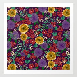 Bright Boho Flowers - purple background  Art Print