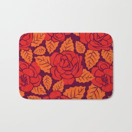 Spanish Roses - Red & Orange on Dark Plum Bath Mat | Romantic, Exotic, Flamenco, Graphicdesign, Plum, Garden, Vintage, Orangeleaves, Paisleymcnoodle, Boldpattern 