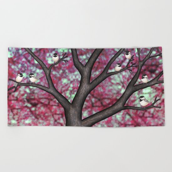 black capped chickadees and spring bokeh Beach Towel