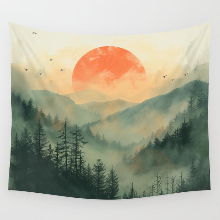 Mountain Forest Foggy Summer Sunrise Adventure Wall Tapestry