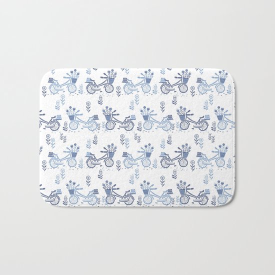 Bicycles spring cute white and navy pattern bike print by andrea lauren Bath Mat