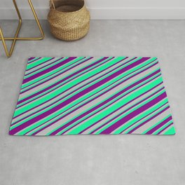 [ Thumbnail: Purple, Grey, and Green Colored Lines Pattern Rug ]
