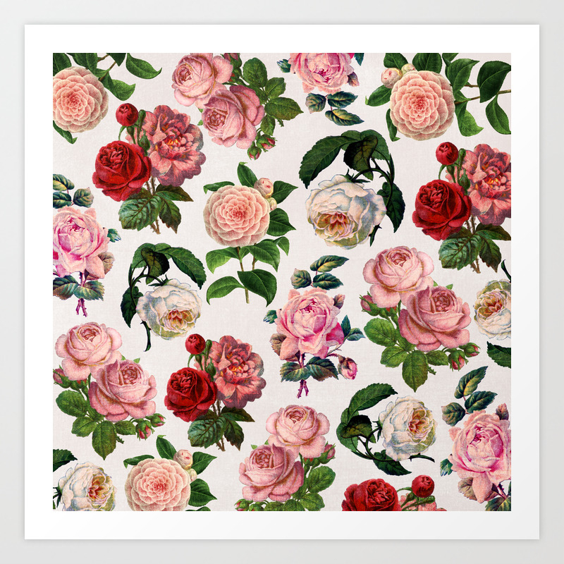 Vintage Floral Rose Print Art Print By Anniemariedesigns Society6