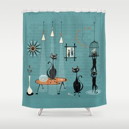 Mid Century Kitty Mishchief - w/ Orange ©studioxtine Shower Curtain
