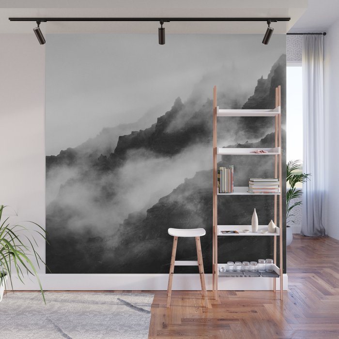 Foggy Mountains Black and White Wall Mural