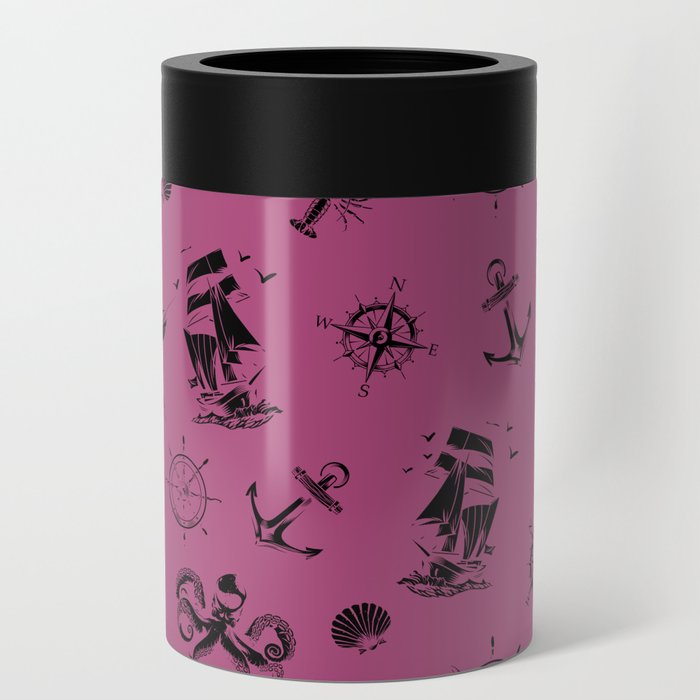 Magenta And Black Silhouettes Of Vintage Nautical Pattern Can Cooler