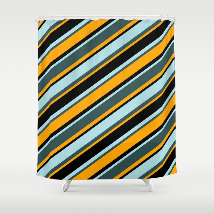 Powder Blue, Dark Slate Gray, Orange & Black Colored Lined/Striped Pattern Shower Curtain