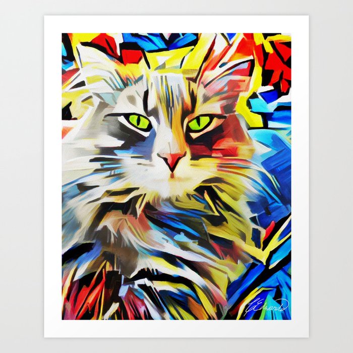 Colorful bright cat green blue red gray Art Print
