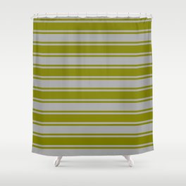 [ Thumbnail: Dark Gray & Green Colored Pattern of Stripes Shower Curtain ]
