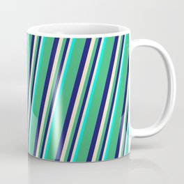 [ Thumbnail: Sea Green, Midnight Blue, Beige & Cyan Colored Lines Pattern Coffee Mug ]