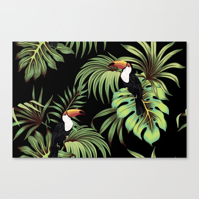 Tropical vintage toucan, palm leaves floral seamless pattern black background. Exotic jungle wallpaper.  Canvas Print
