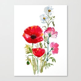 Poppy watercolor, spring flowers Canvas Print