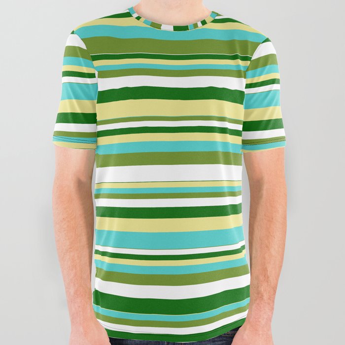 Tan, Turquoise, Green, White, and Dark Green Colored Pattern of Stripes All Over Graphic Tee