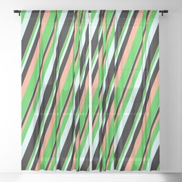 [ Thumbnail: Light Salmon, Lime Green, Light Cyan, and Black Colored Lines/Stripes Pattern Sheer Curtain ]