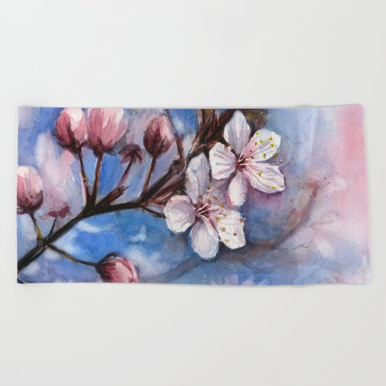 Cherry Blossoms Watercolor Spring Flowers Beach Towel