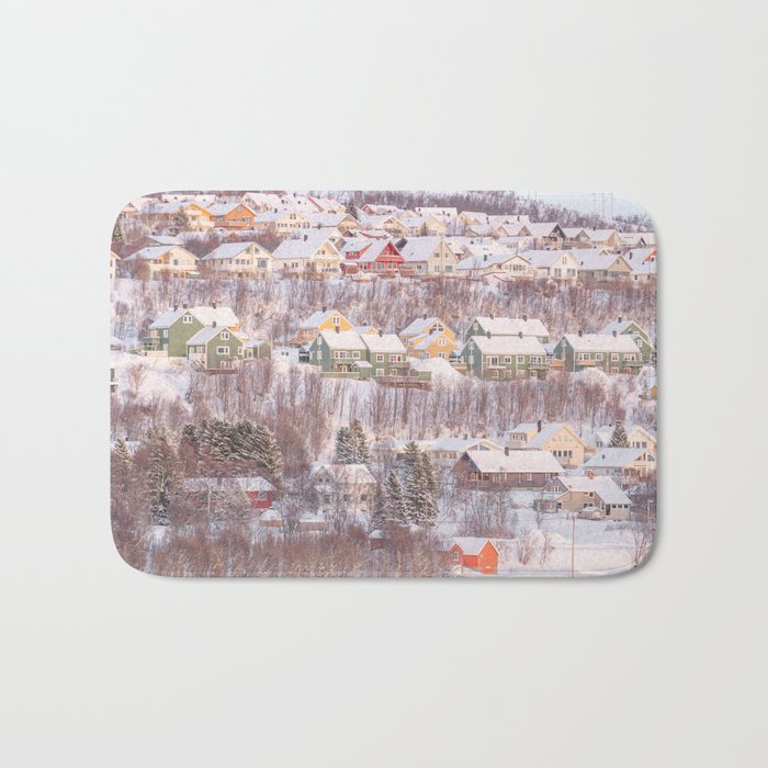 Houses of Tromsø Photo | Winter Snow Landscape in Norway Art Print | Arctic Travel Photography Bath Mat