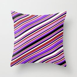 [ Thumbnail: Colorful Brown, Plum, Purple, Black, and White Colored Pattern of Stripes Throw Pillow ]