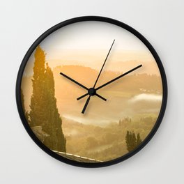 Italian Country // A Modern Artsy Style Graphic Photography of Farm Land Vineyards Washed out Sunset Wall Clock | European Cityscape, College Dorm Living, Aesthetic Artwork, Cypress Tree Farm, Photo For Bathroom, Pretty Old Century, Retro Vintage Trippy, Cool Travel Photos, Big Picture Pictures, Yellow Green White 