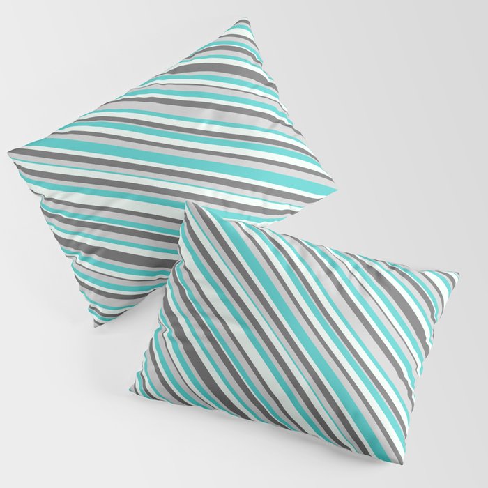 Dim Grey, Light Grey, Turquoise & Mint Cream Colored Striped Pattern Pillow Sham
