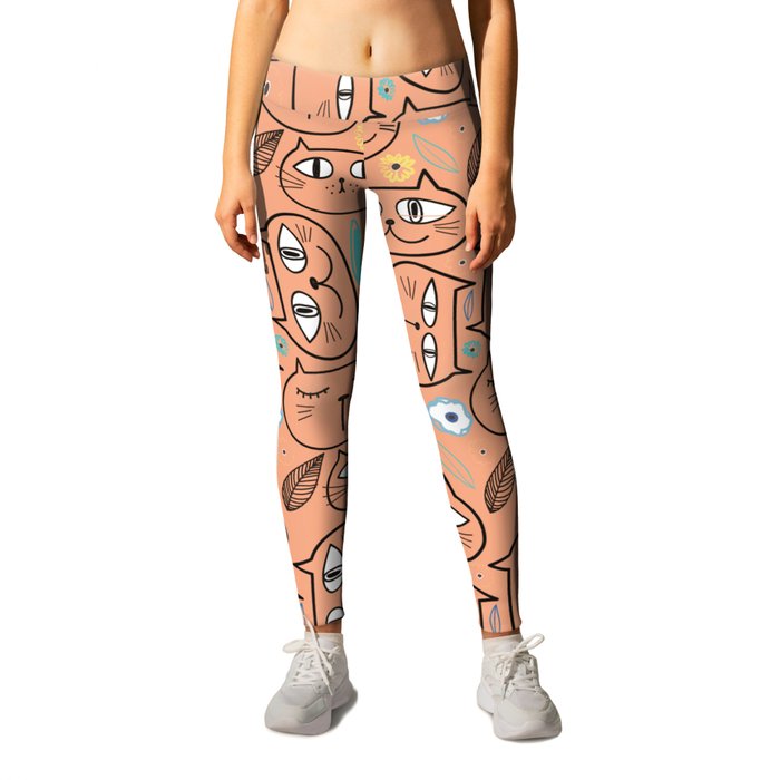 Cute Cats Faces Pattern On Orange Background Leggings