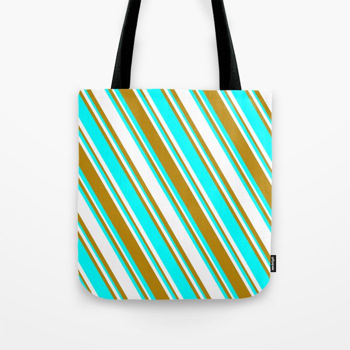 White, Dark Goldenrod, and Aqua Colored Striped Pattern Tote Bag