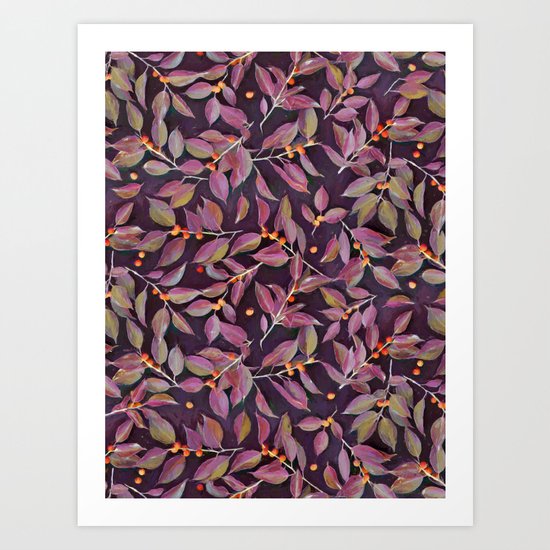 Leaves + Berries in Olive, Plum & Burnt Orange Art Print