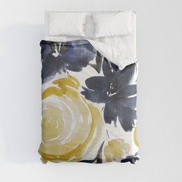 Navy and Yellow Loose Watercolor Floral Bouquet Comforter