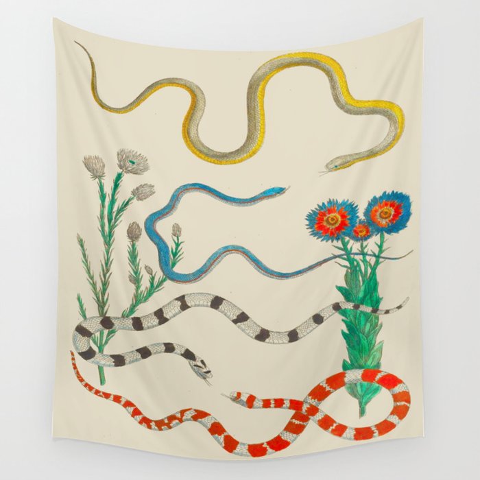 Locupletissimi rerum naturalium - vol. 2 - Albertus Seba Colorful Snake Floral Arrangement Wall Tapestry