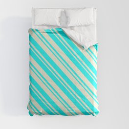 [ Thumbnail: Beige & Cyan Colored Pattern of Stripes Comforter ]