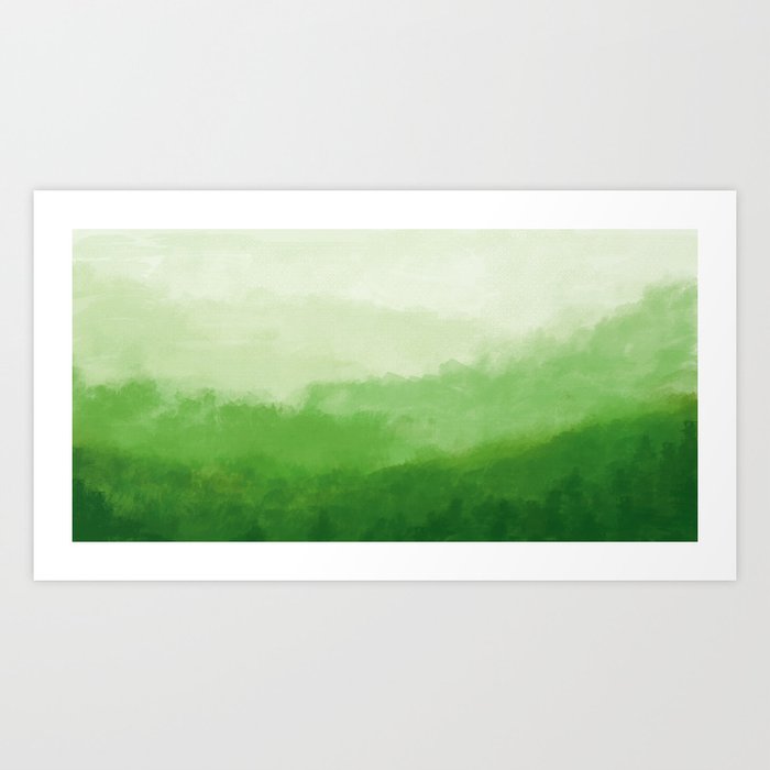 Painted Dream mist over green forest hills Art Print