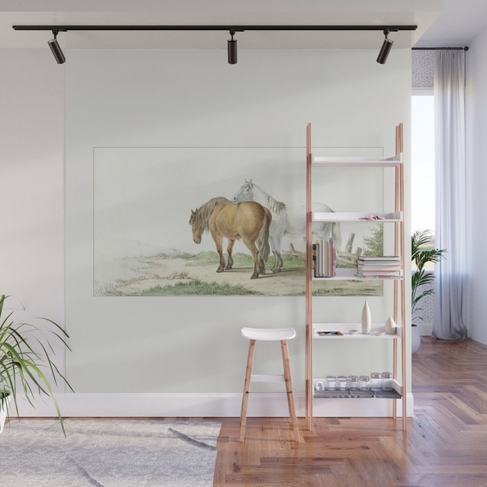 A brown and white horse on a road next to a fence by Jean Bernard Wall Mural