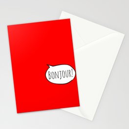Cheerful BONJOUR! with white cartoon speech bubble on bright comic book red (Francais / French) Stationery Card