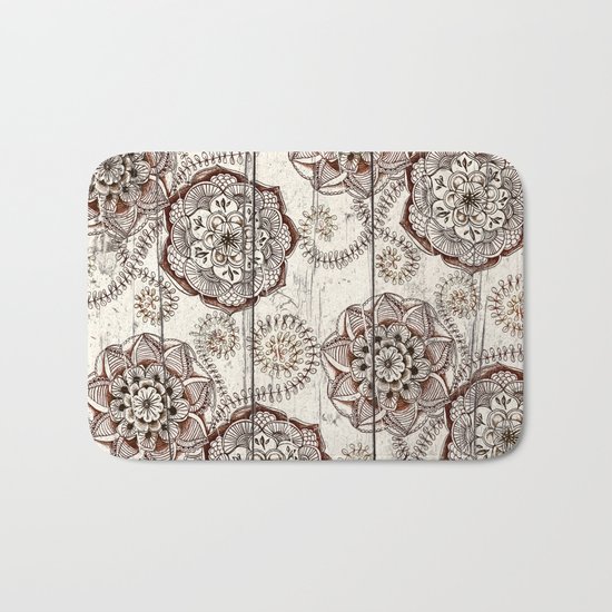 Coffee & Cocoa - brown & cream floral doodles on wood Bath Mat