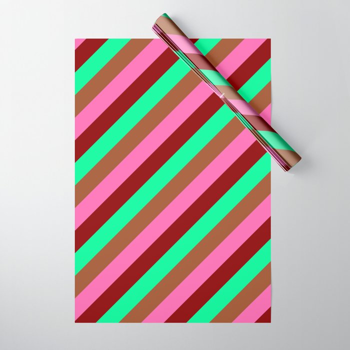 Green, Sienna, Hot Pink, and Dark Red Colored Lined/Striped Pattern Wrapping Paper