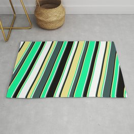 [ Thumbnail: Dark Slate Gray, Black, Tan, Green, and White Colored Lines Pattern Rug ]