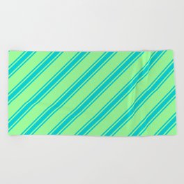 [ Thumbnail: Green & Dark Turquoise Colored Lines/Stripes Pattern Beach Towel ]