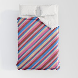 [ Thumbnail: Tan, Hot Pink, Brown & Blue Colored Striped Pattern Duvet Cover ]