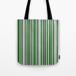 [ Thumbnail: Grey, Light Grey & Dark Green Colored Striped Pattern Tote Bag ]